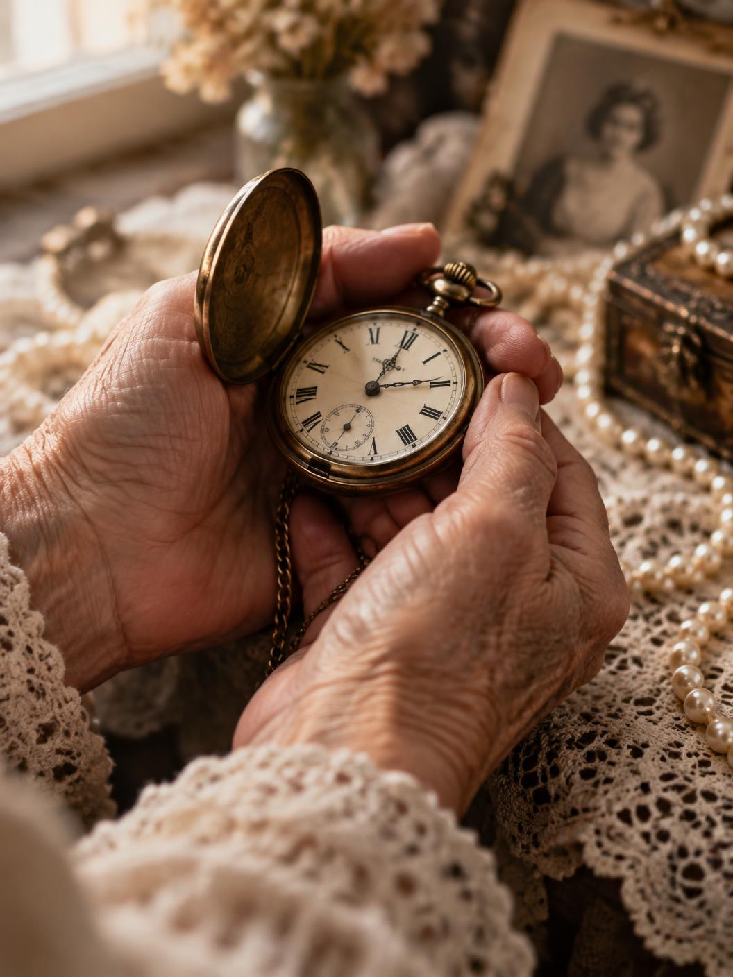 Hands gently cradling an open antique pocket watch