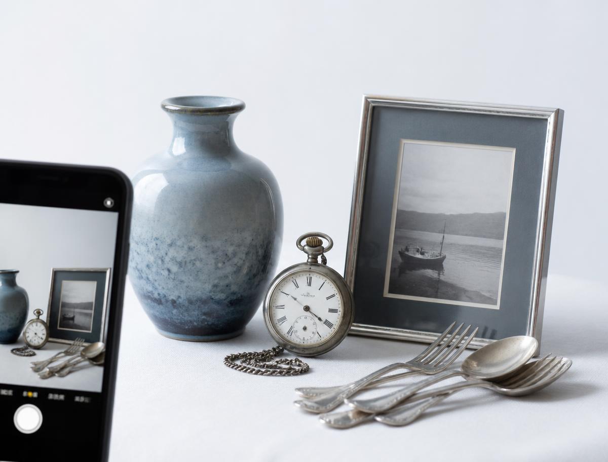 Heirlooms arranged on a table being photographed with a phone